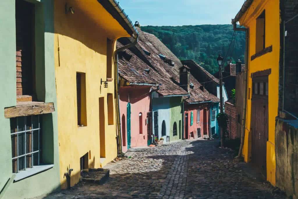 Romanian currency: colorful Romanian houses